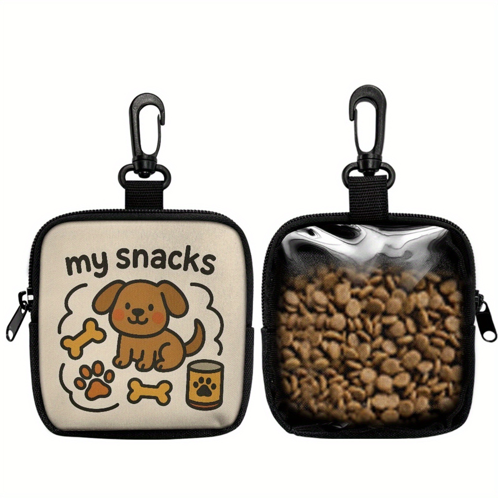 New Cross-Border Dog Food Bag with Cute Dog Prints, Dog Treat Bag with Hook and Zipper