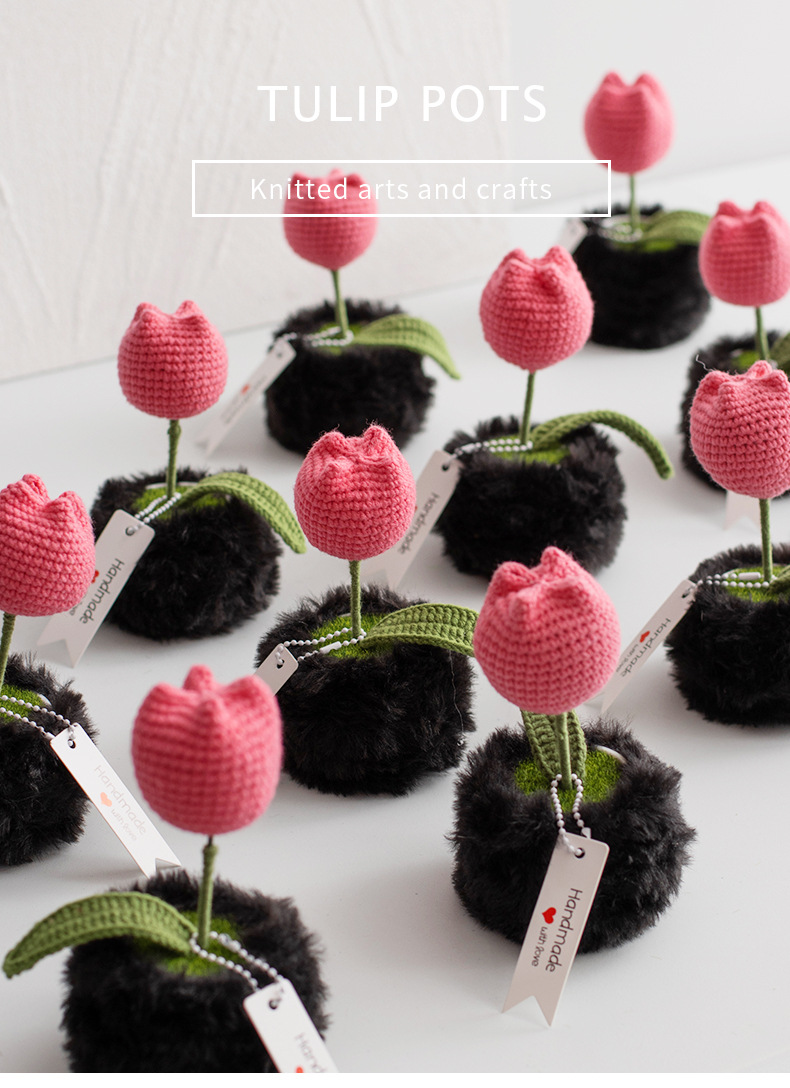 Handcrafted artificial flower ornaments, tulip crocheted potted plants, knitted woolen flowers, as bouquet gifts for elders and friends pic 1