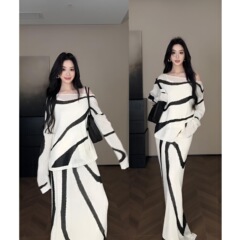 一整套高级感早秋时尚穿搭名媛风条纹罩衫上衣半身裙潮