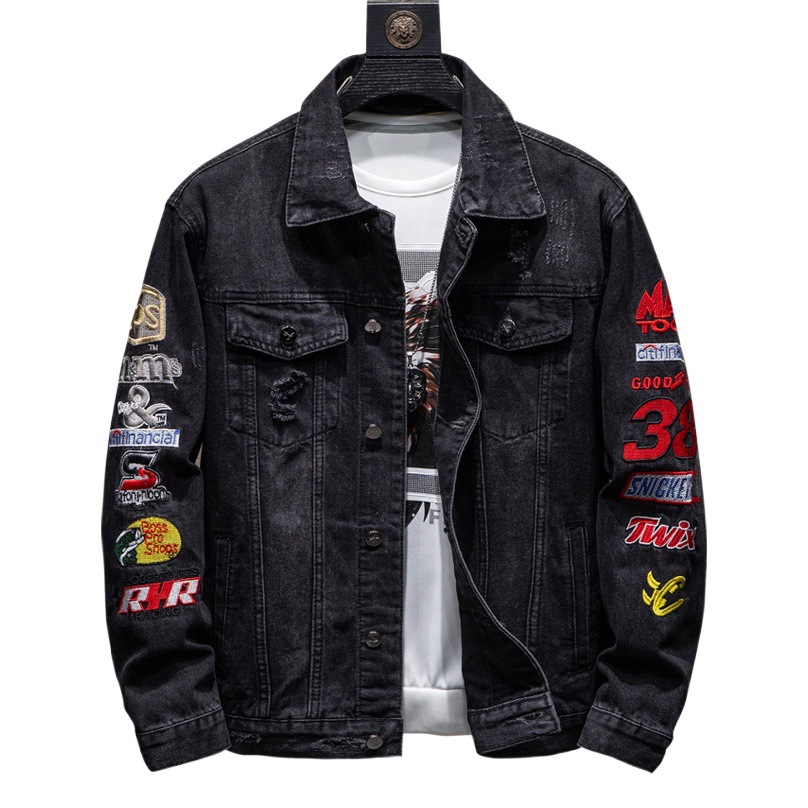 Moda marca ripped bordado abrigo de primavera y otoño de los hombres chaqueta de mezclilla suelta de moda chaqueta de la juventud casual de manga larga mapache