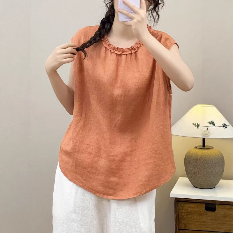 Linen Back-Buttoned Vest 2026 Summer New Style Solid Color Pullover Lace Collar Top for Women 2626