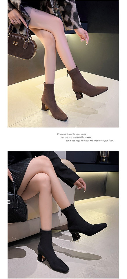 Bốt nữ cổ thấp mũi vuông gót dày 6–8 cm phối vải nhung kiểu cổ điển — Màu đen (Lót lông cừu), Nâu (đơn nhung trên và dưới) chi tiết 8