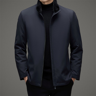 MJ72308 Men's Mink Fur Collar Overcome Coat with Collar and Removable Liner Fur Coat Jacket