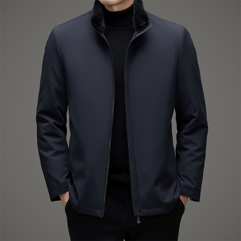 MJ72308 Men's Mink Fur Collar Overcome Coat with Collar and Removable Liner Fur Coat Jacket
