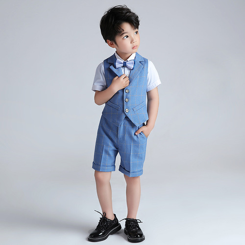 Boys dress suit children's plaid vest three-piece summer 2024 new flower girl host catwalk performance costume