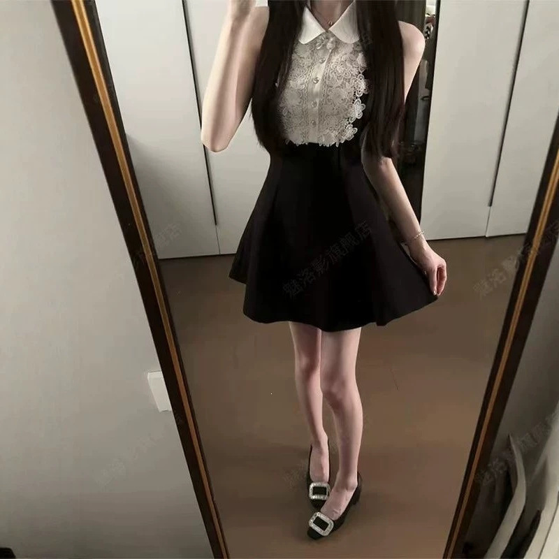 Vintage Style Sleeveless Vest Dress for Women, Summer Fashion with a High-End Feel, Slim Fit Lace Patchwork A-Line Short Dress