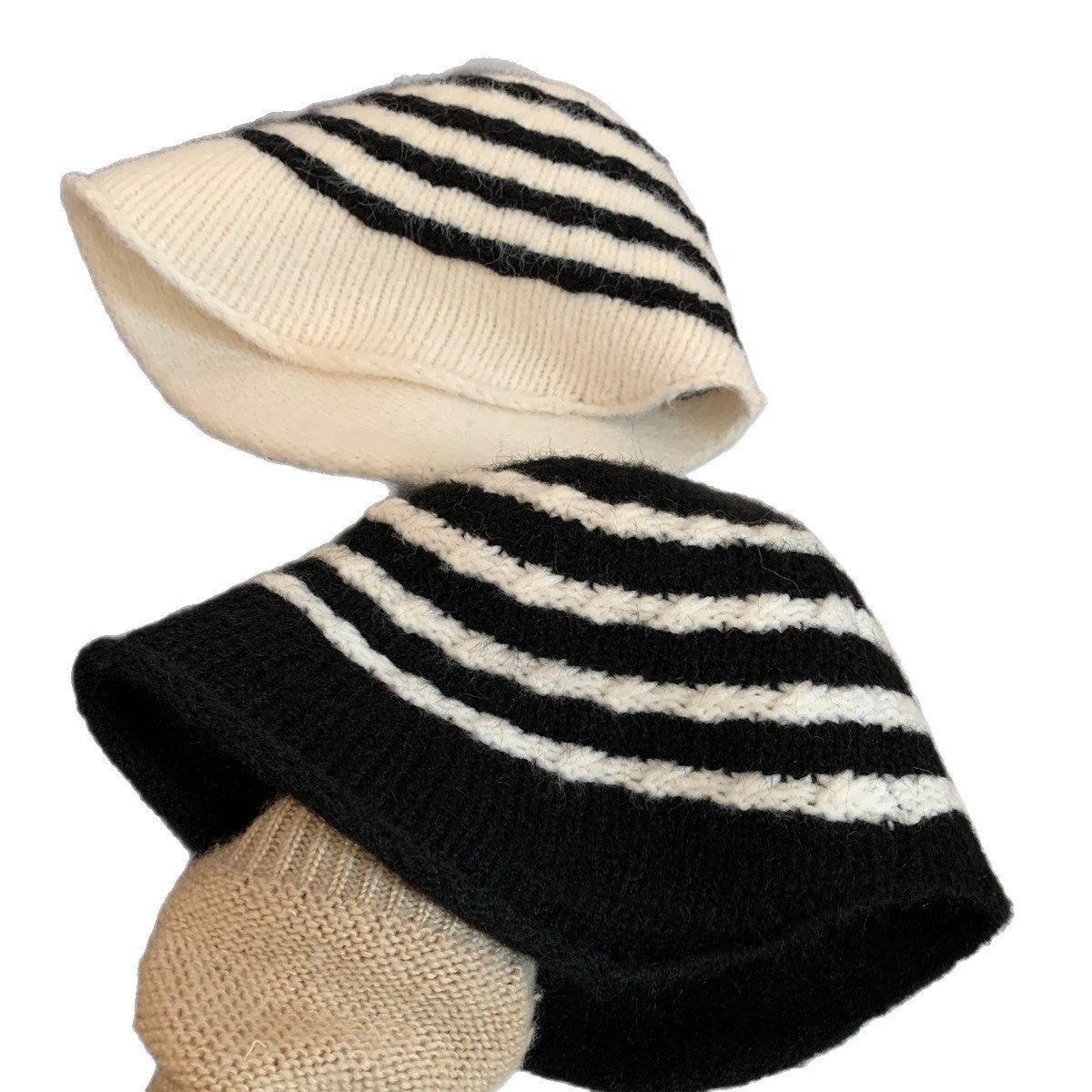 Cappello da pescatore in peluche retrò a righe in stile giapponese per donna, autunno e inverno, caldo, versatile, a tesa larga, snellente per il viso_voghion.com