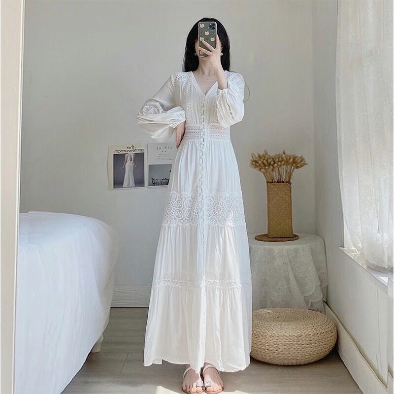 2024 ankle fairy white dress autumn Mori elegant waist slimming high sun protection long sleeve cotton and linen jumpsuit