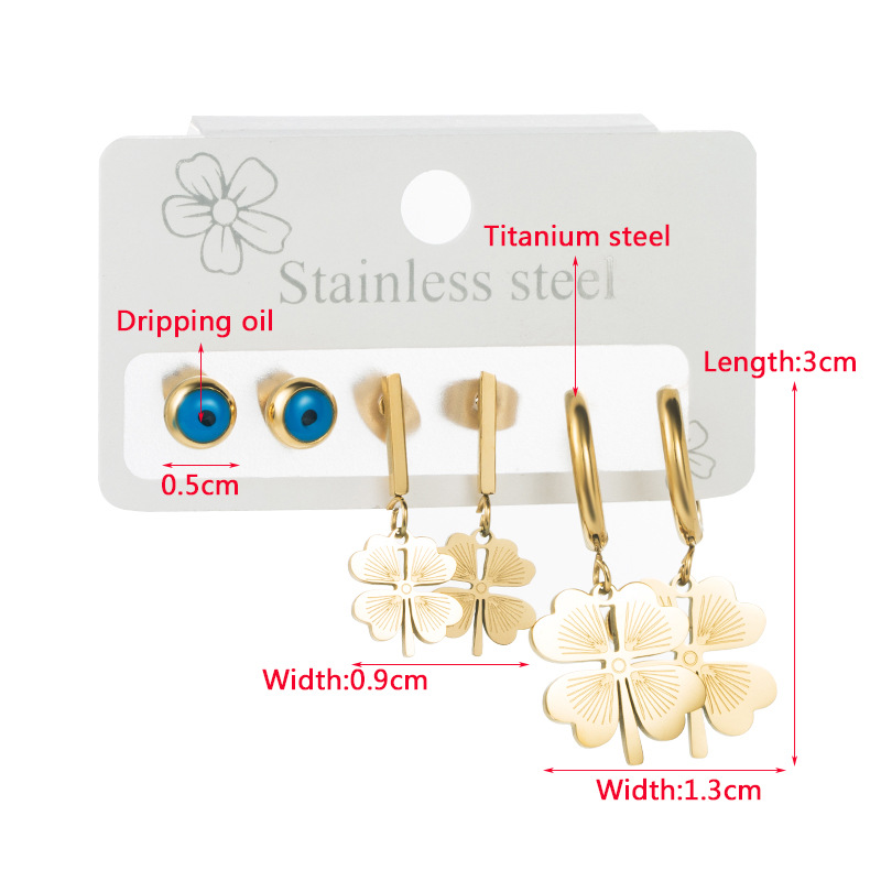 Fashion Four Leaf Clover Eye Titanium Steel Earrings Rhinestones Stainless Steel Earrings 3 Piece Se