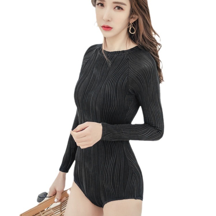 International Sexy White One-Piece Triangle Swimsuit For Women, Korean Style Long Sleeve UV Protection Surfing Bathing Suit Slim Fit Swimwear_voghion.com