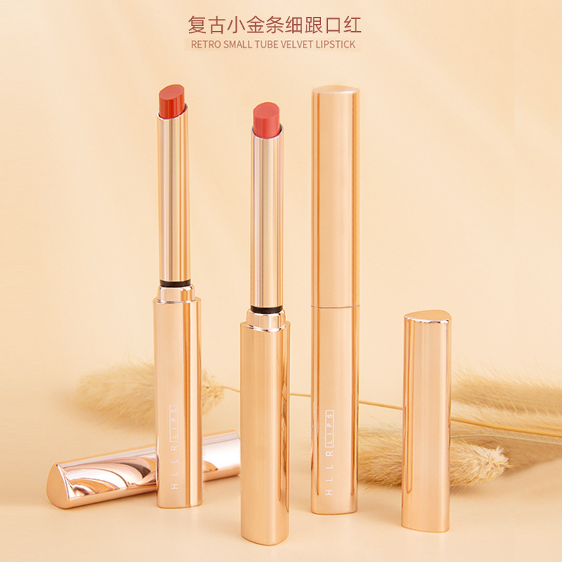 小金条金色细管口红半哑光丝绒雾面滋润唇膏小细管烟管不易掉色
