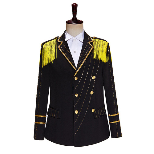 Men youth black with gold tassel jazz dance blazers gogo dancers singers music production stage performance jackets nightclub bar singer dancing dress suits for man