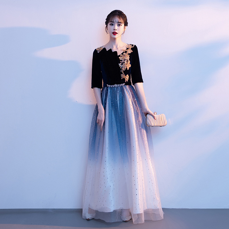Gradient chorus costume women's high-end elegant long dress command costume host solo recitation evening dress