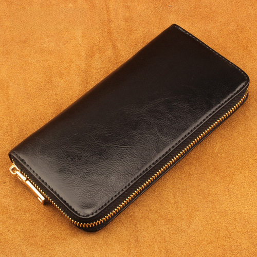Cross-border exclusive waxed cowhide women's wallet genuine leather long zipper men's money clip Amazon Japan