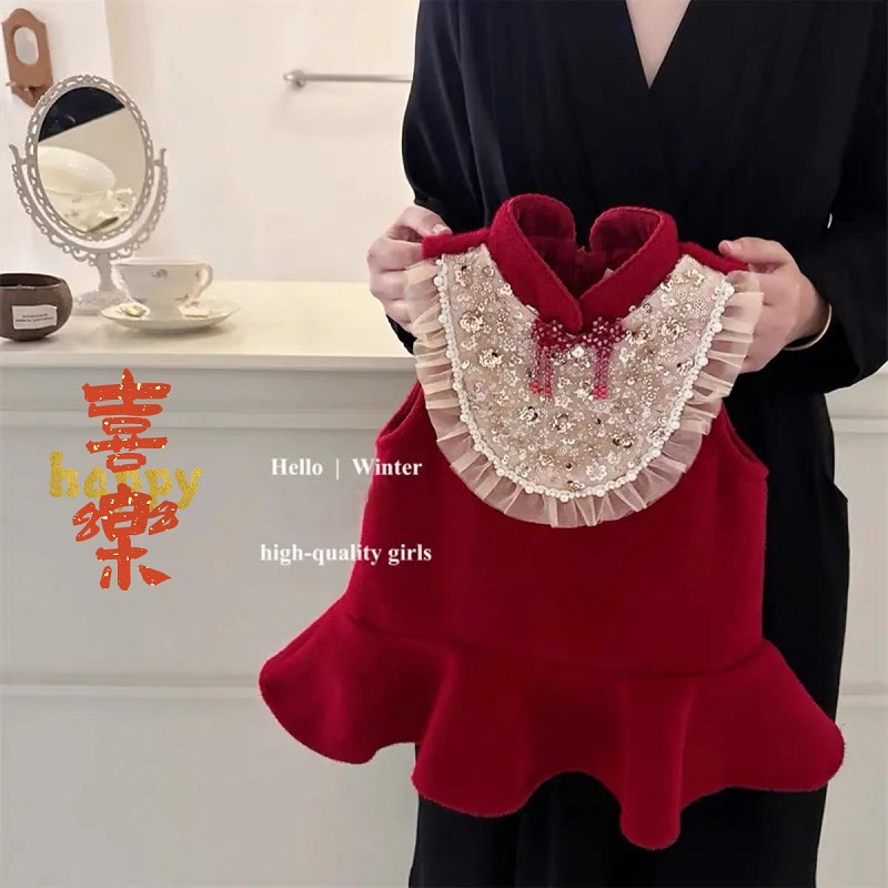 [Segundo en stock] niñas algodón intercalado doble cara vestido chino nuevo vestido de malla china cheongsam vestido de Año Nuevo infantil