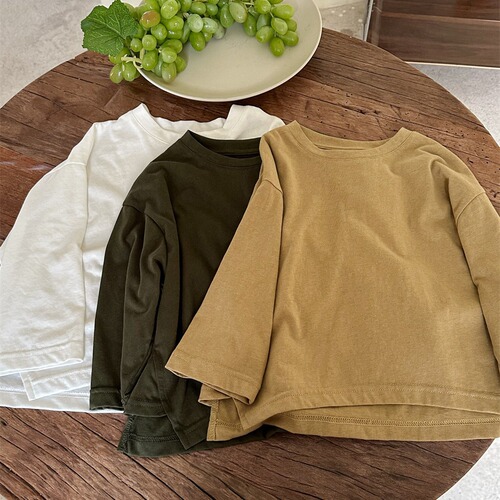 Jiaye children's 2024 spring new long-sleeved T-shirt for boys and girls solid color bottoming round neck slit top inner wear
