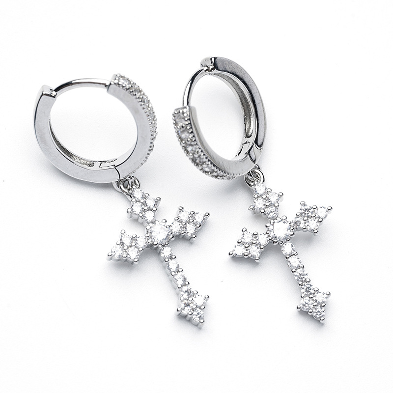 Copper Material 1 Pair Hip-hop Cross Inlay Copper Zircon White Gold Plated Drop Earrings