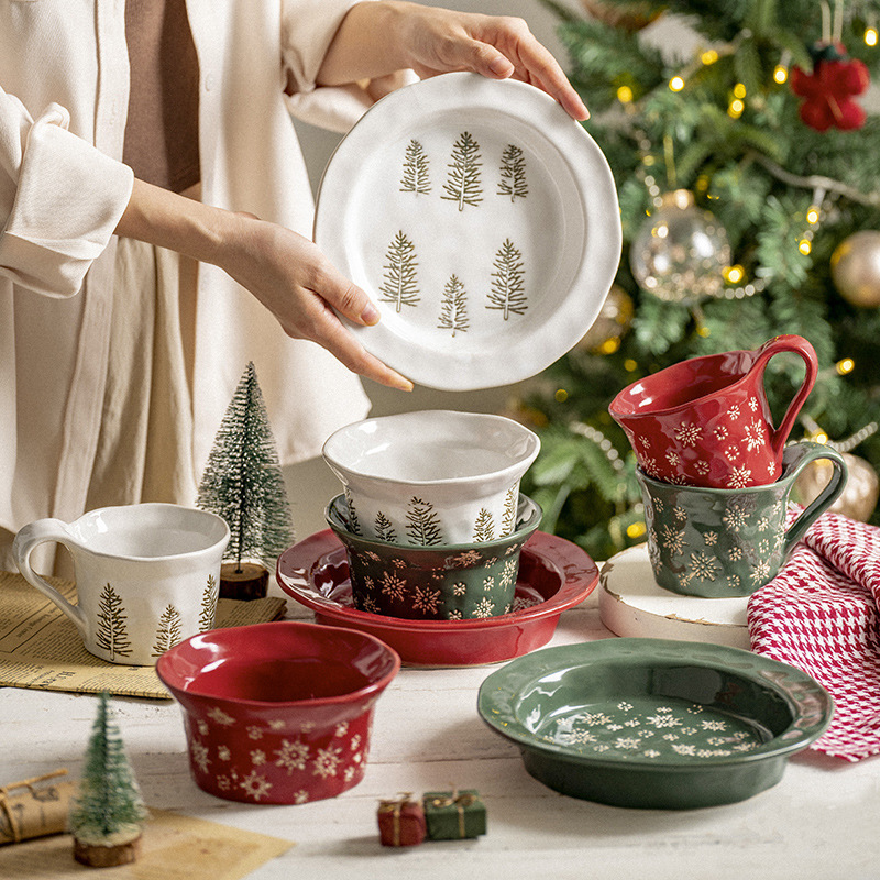 Christmas tableware relief plate snowflake steak Western plate decoration plate creative simple ceramic dessert bowl mug