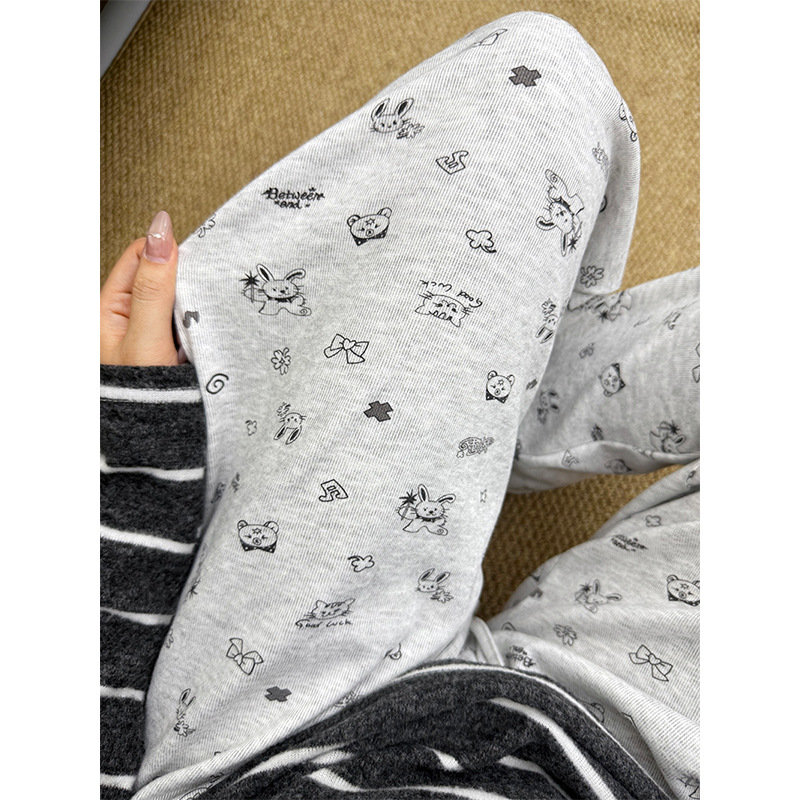 Magic Bunny Glutinous Rice Pants Printed Pants Girls Lazy Relaxed Wide Leg Pants Elastic Waist Drawstring Casual Pants