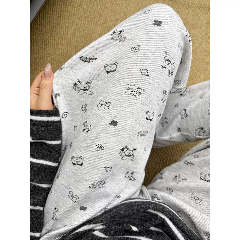魔法小兔糯米裤印花裤子少女慵懒松弛感阔腿裤松紧腰抽绳休闲长裤