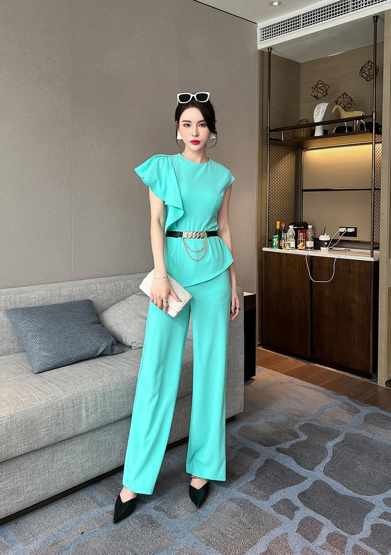 Bộ hai món áo ôm eo phối quần ống rộng cạp cao — Màu xanh nước hồ chi tiết 6