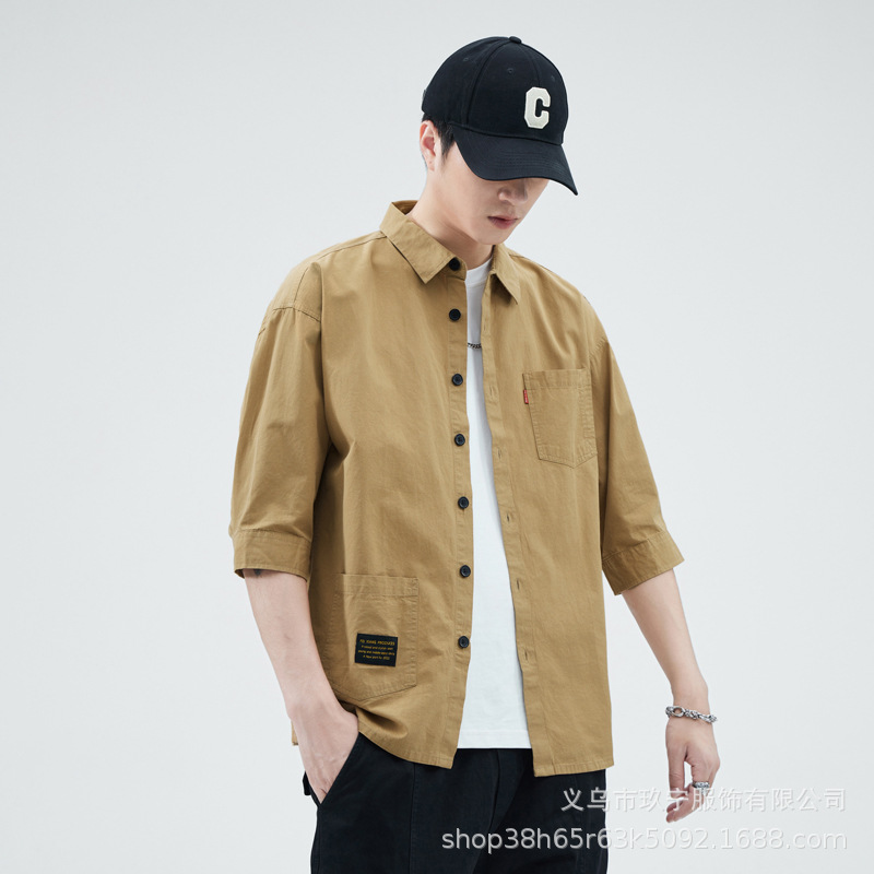 Hombre de alta calidad 100 algodón de manga corta verano delgado suelto siete puntos camisa casual camisa de trabajo chaqueta exterior