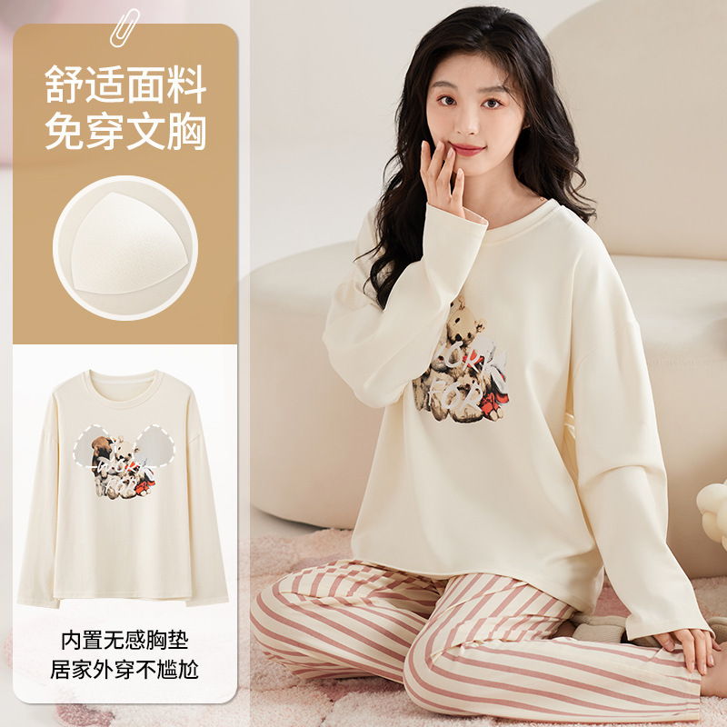 Pajamas with Chest Pad Women's Spring and Autumn Cotton Long Sleeve Trousers suit Cute Cartoon Outgoing Loose Casual Home Clothes Pajamas with Chest Pad Women's Spring and Autumn Cotton Long Sleeve Trousers suit Cute Cartoon Outgoing Loose Casual Home Clothes
