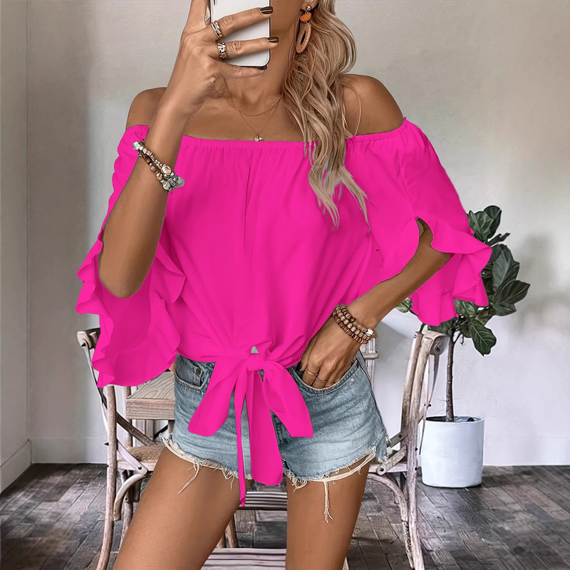Cross-Border Fashion Elegant Elastic Off-Shoulder Top with Large Flared Cuffs and Tie Hem Short-Sleeve Shirt Cross-Border Fashion Elegant Elastic Off-Shoulder Top with Large Flared Cuffs and Tie Hem Short-Sleeve Shirt