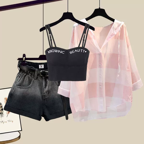 Shirt, vest, denim skirt, shorts, set, 3 piece set