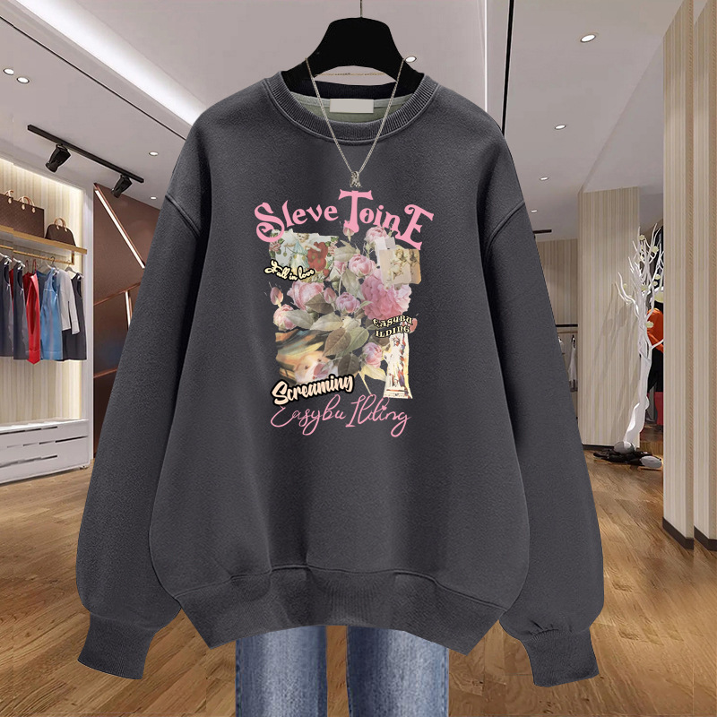 Factory Outlet European Station Women's Cotton Long Sleeve Top Autumn and Winter fleece-lined Thickened Spring and Autumn Korean Versatile Sweatshirt