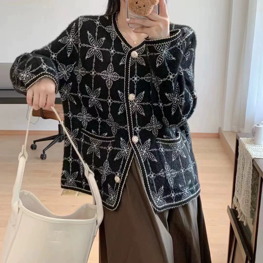 Элегантный высококачественный однобортный свитер в стиле Chanel с цветочным принтом, женский осенне-зимний новый элегантный пригородный пальто, женское
