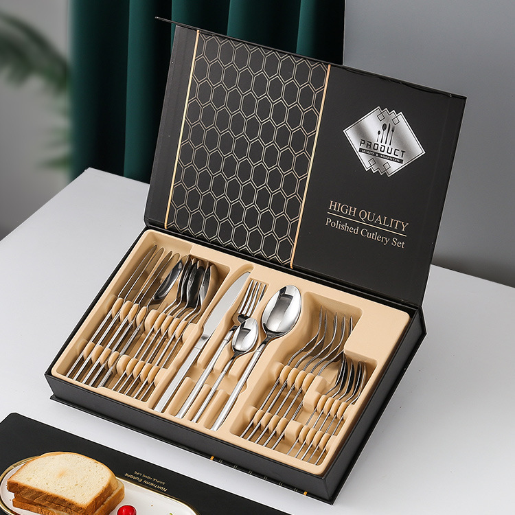 Amazon transfronteriza de 24 piezas de acero inoxidable occidental vajilla traje 1010 cuchillo, tenedor y cuchara de oro natural de almacenamiento en rack caja de regalo