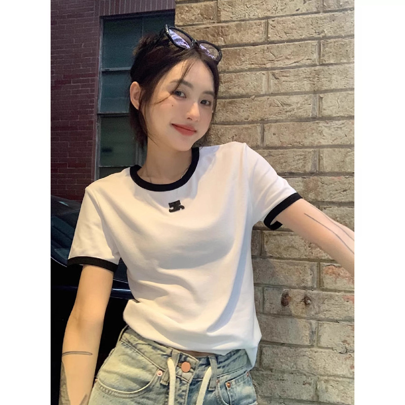 2025 New Summer Korean Designer Jennie Same Style Rr Short-Sleeved Slim Round Neck Casual T-Shirt Tops for Women