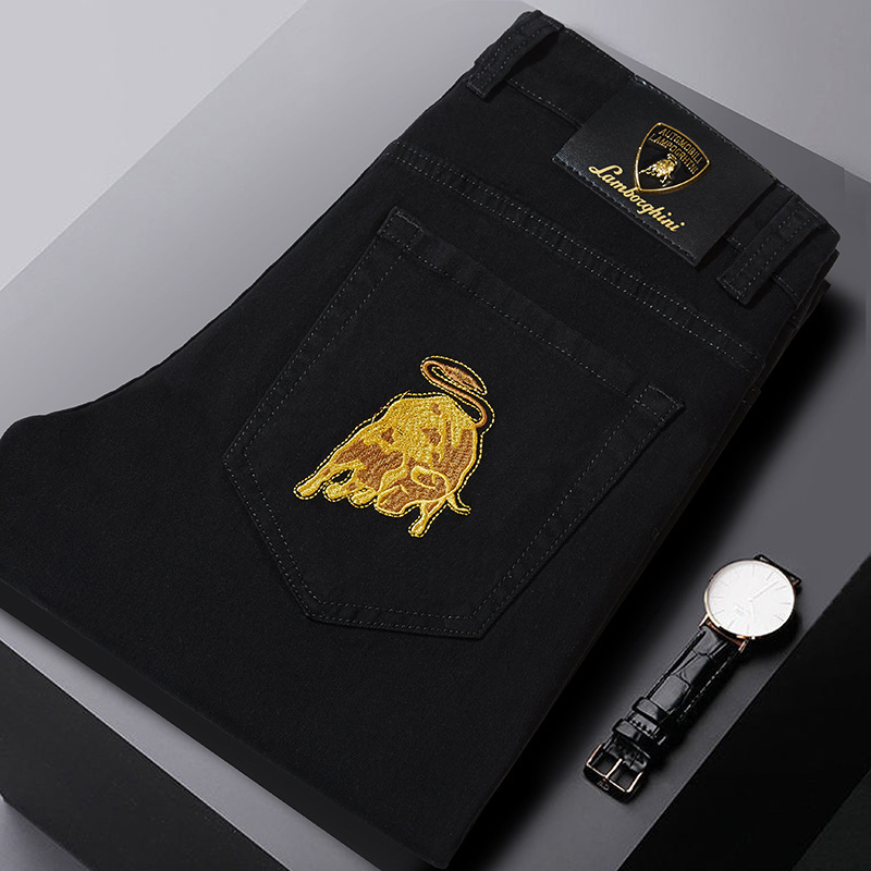 European Men's Summer Thin Stretch Slim Straight Black and White Jeans Long Pants