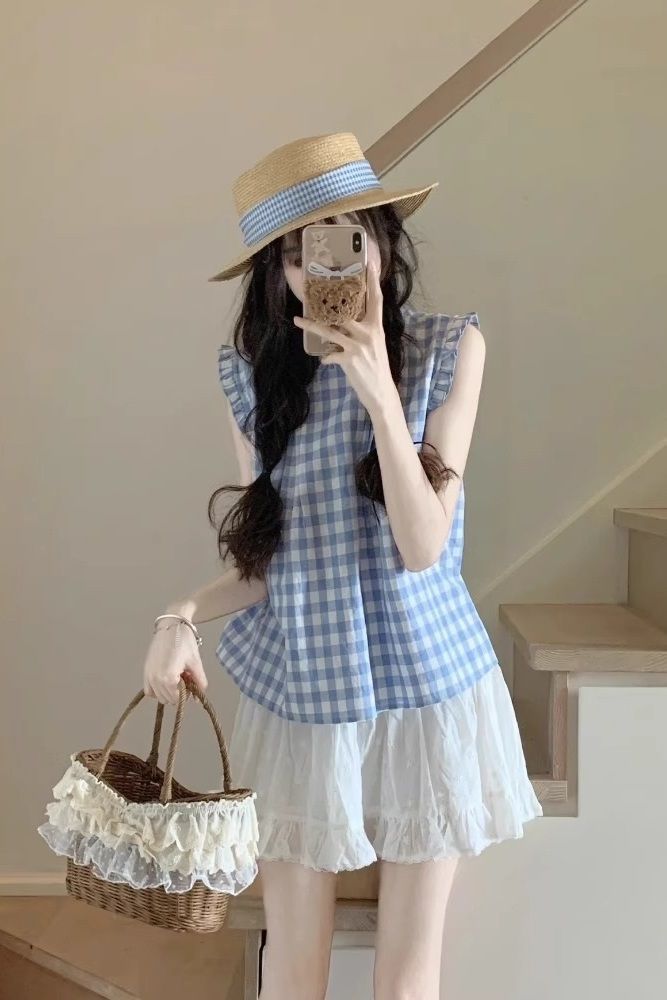 夏季小个子显高盐系减龄超火甜美小清新蓝色背心上衣短裙两件套装