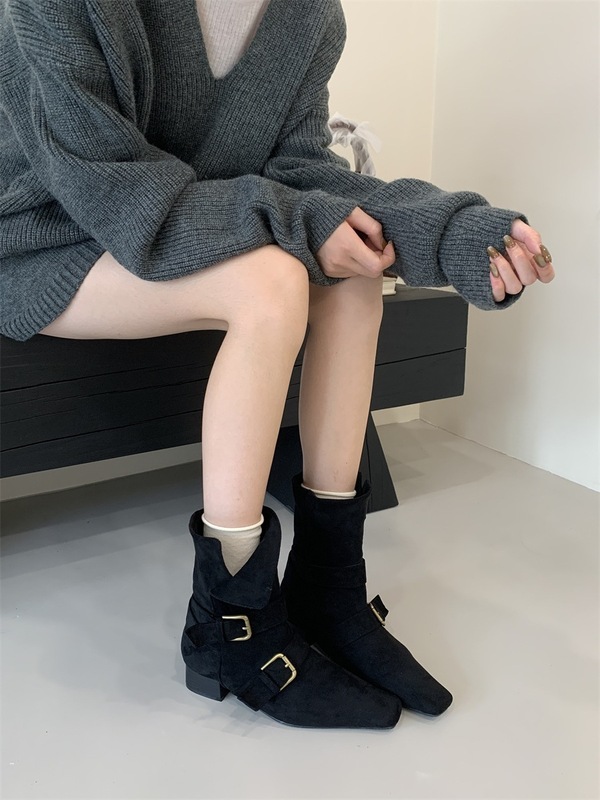 2025韩版新款小众设计复古法式短靴小方头西部靴绒面中筒靴女靴子|undefined