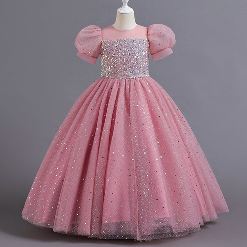 Children's ballgown princess dress European and American flower child bubble sleeve bustle dress girl host piano performance dress evening gown