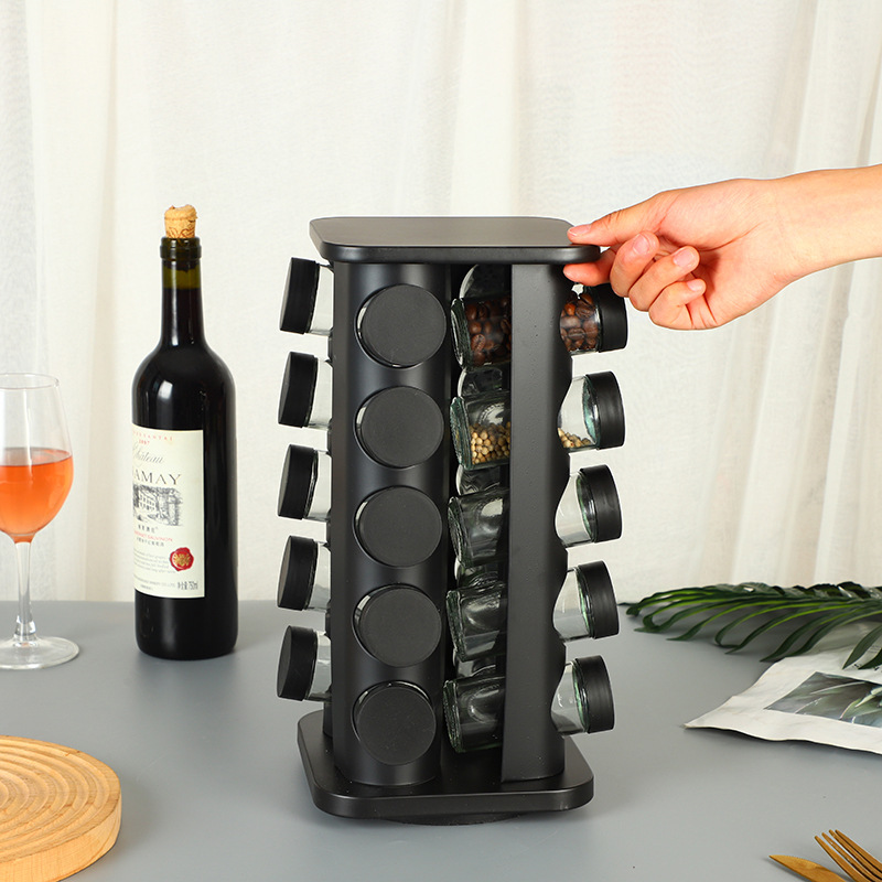 Acero inoxidable transfronterizo rotativo estante de botellas de condimento estante de almacenamiento de especias de cocina negra estante de condimento simple multifuncional
