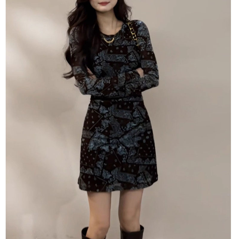 设计2025秋冬新款圆领短裙加绒长袖印花时尚法式修身连衣裙短款女