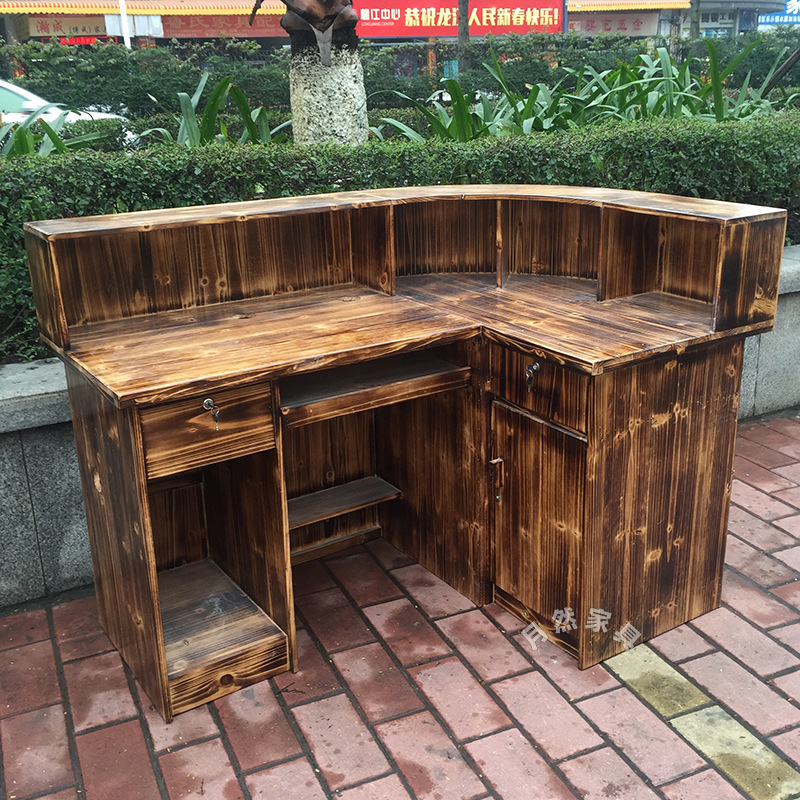 复古杉木碳化木收银台饭店夜宵店农家乐转角收银柜做旧直排吧台