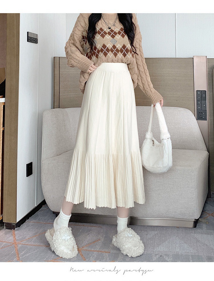 Pleated Knitted Skirt Women'S Autumn And Winter New Fashion High Waist Korean Version Casual And Thin Big Swing Skirt A-Shaped Skirt Umbrella Skirt 26 Undefined