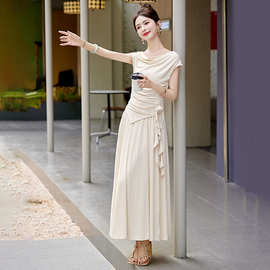 温柔风不规则荡领气质小衫垂感半身裙松紧腰显瘦两件套裙RX9103