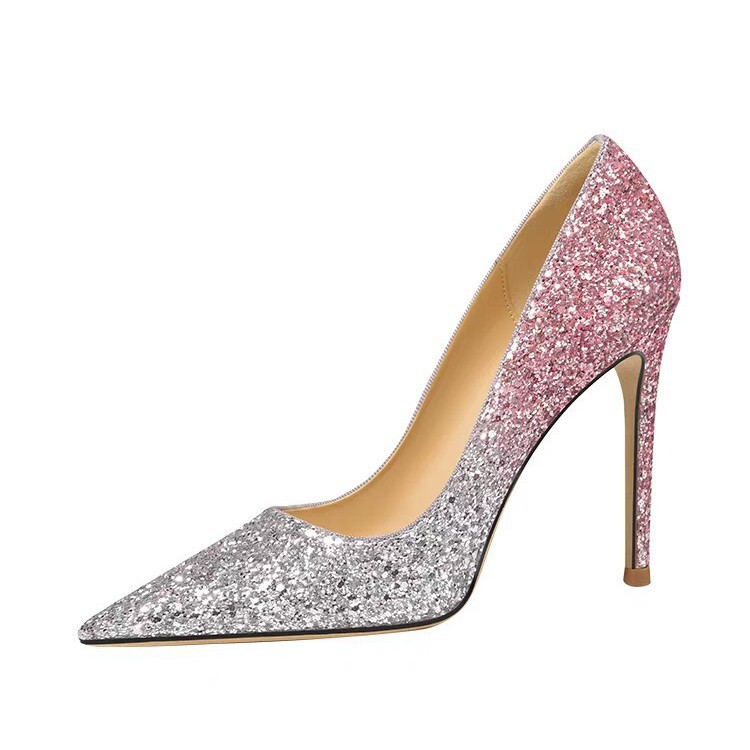 12cm Pink Sequins Gradient silver Small Size Shallow Mouth High Heels Temperament Wedding Shoes Stiletto Heel Pointed plus size 46
