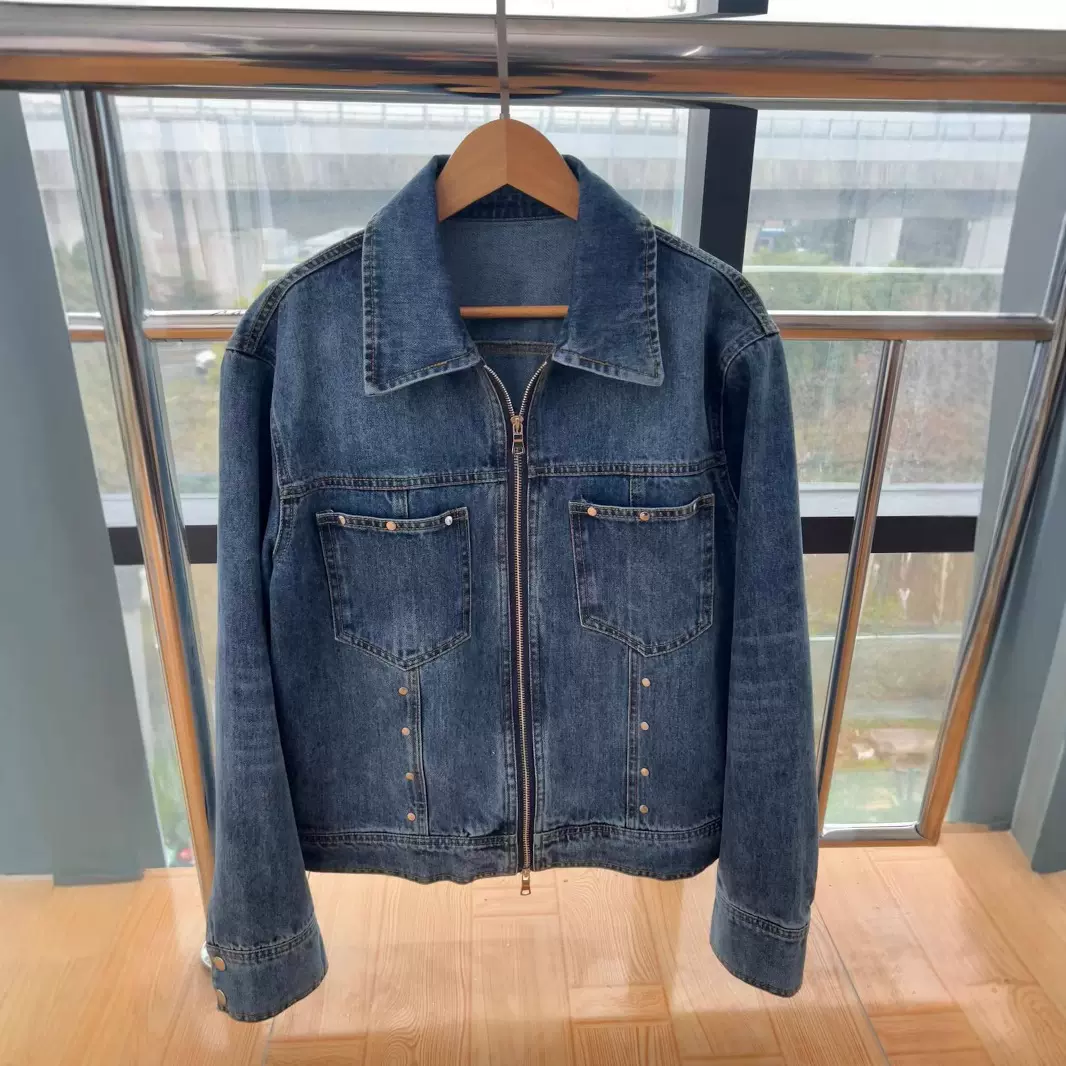 宅女同款 经典水洗蓝巴黎扣铆钉双拉链牛仔外套