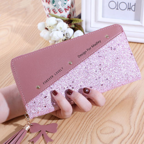  New Wallet Long Ladies Zipper Wallet Female Korean Style Stitching Contrast Color Tassel Versatile Card Holder Mobile Phone Bag