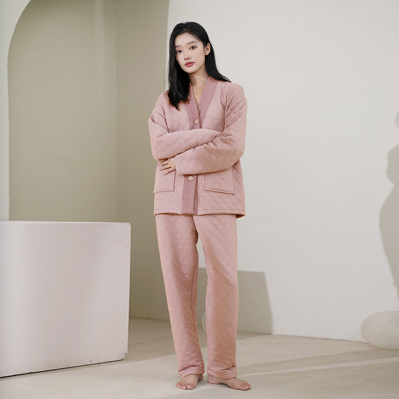 Women's Pajamas Spring and Autumn Air Cotton Thickened Pure Cotton Layered Set Cardigan Maternity Plus Size Autumn and Winter Quilted Loungewear