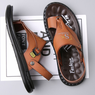 2024 New Men's Leather Sandals Breathable plus size Temu Soft Bottom Fashionable All-match Men's Beach Shoes