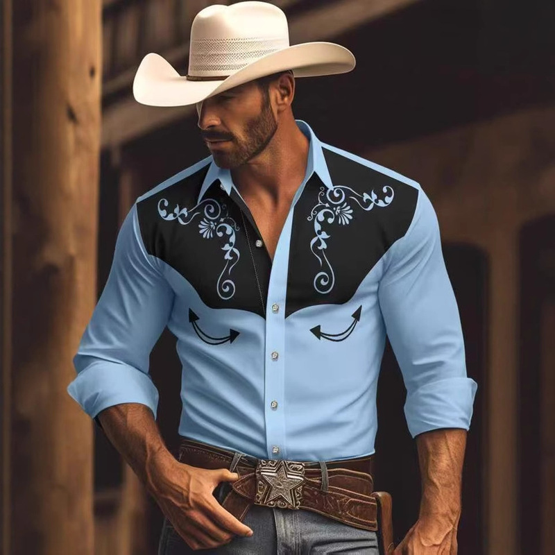 Cross-Border Western Party Four-Way Stretch Denim Men's Shirt Spring and Autumn 3D Digital Printing Men's Long Sleeve Shirt