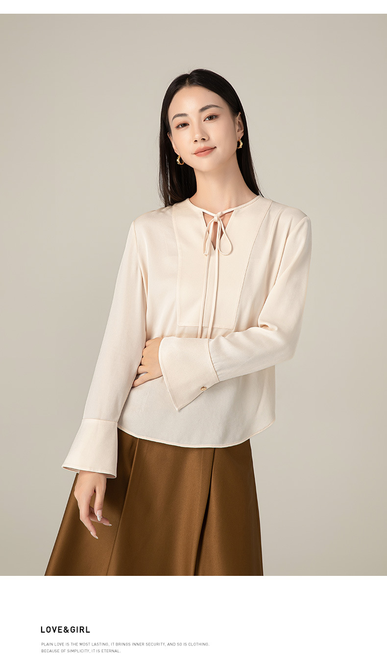 Áo sơ mi cổ V phối nơ Xingge kiểu Pháp, chất liệu satin acetate mềm mại, dáng suôn tôn dáng — Gạo Sâm banh chi tiết 20