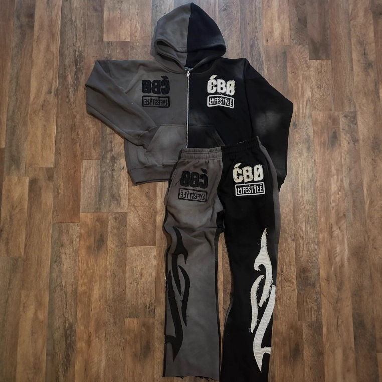 Tendencia transfronteriza europea y americana, suéter con capucha para hombre, suéter y pantalón, chaqueta con cremallera de costura personalizada de la calle, otoño e invierno